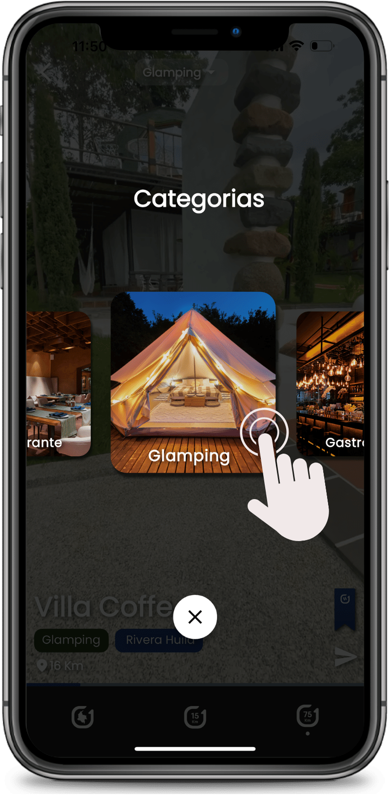 UnMinuto categorias de la aplicación, glamping, gastrobar, restaurantes